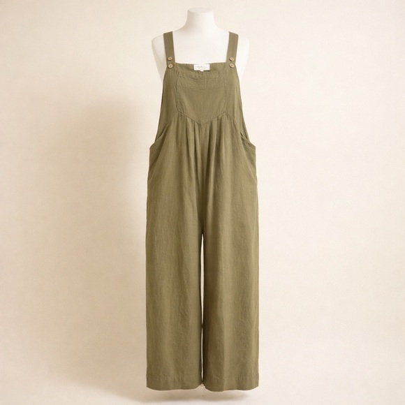 LF Pants - LF February Olive Green Cotton Overalls Wide Leg Bib Jumpsuit Size L Pockets